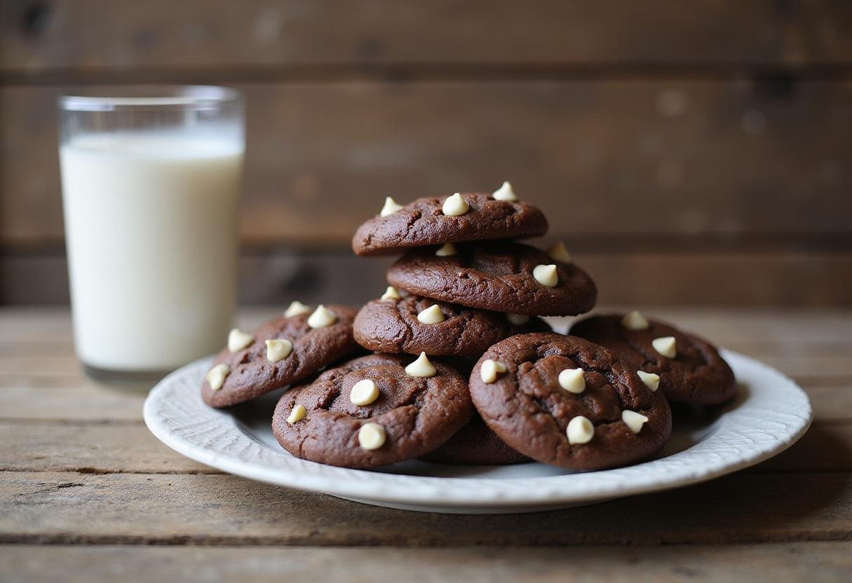Delicious double chocolate white chocolate chip cookies served on a plate, perfect for a sweet treat.