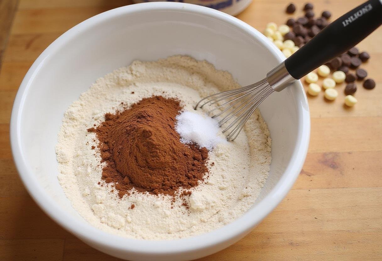 Preparing the dry ingredients for chocolate white chocolate chip cookies with flour, cocoa powder, and baking soda.
