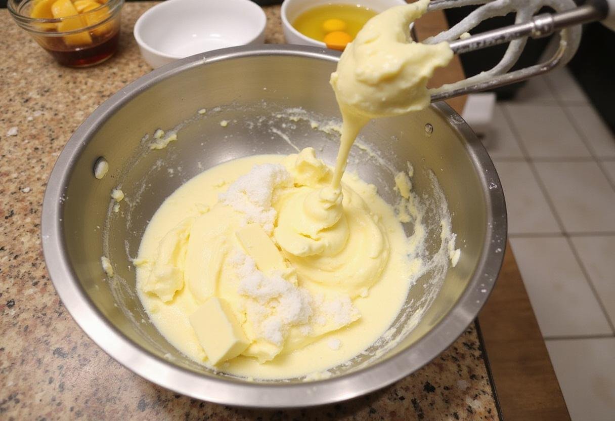 Creaming butter and sugar to make a rich cookie dough base for chocolate cookies with white chocolate chips.