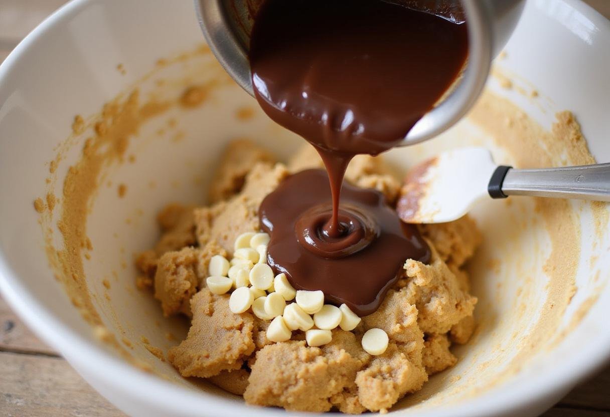 Adding melted chocolate and white chocolate chips to the cookie dough for delicious chocolate cookies with white chips.