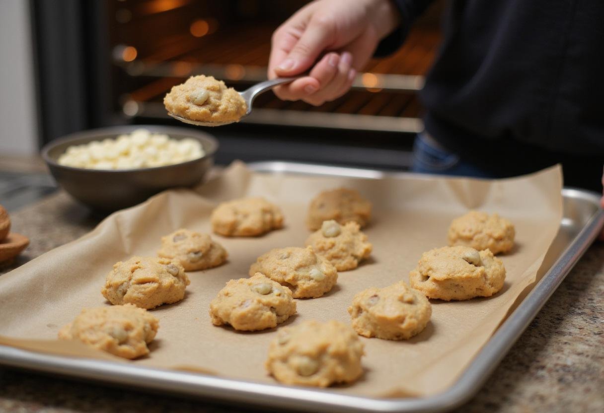 Scooping dough for double chocolate white chocolate chip cookies onto a baking sheet, ready for baking.