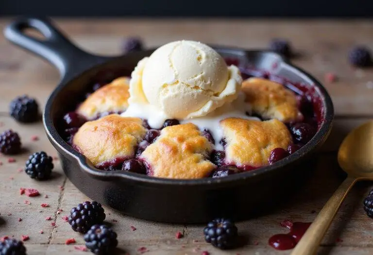Delicious blackberry cobbler with cake mix served with ice cream, showcasing the final result of the baking process in a beautifully styled kitchen setting.