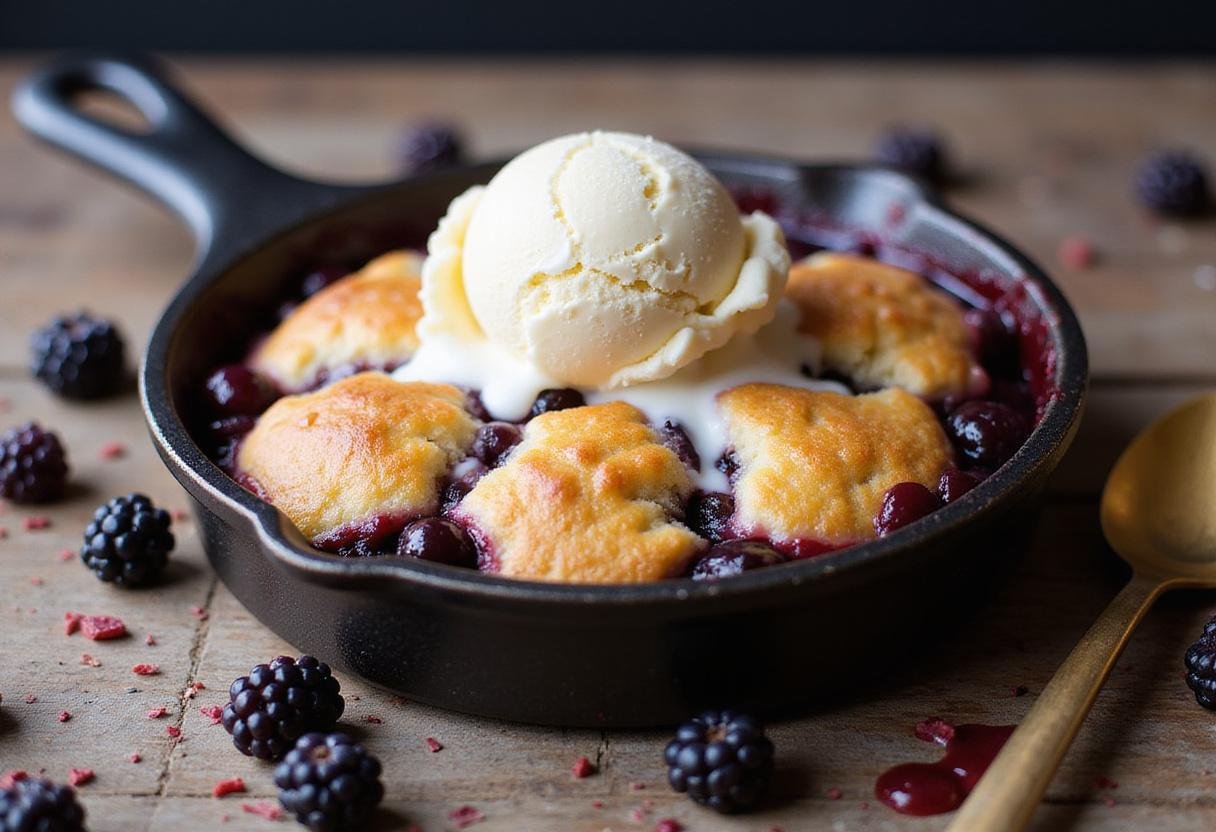 Delicious blackberry cobbler with cake mix served with ice cream, showcasing the final result of the baking process in a beautifully styled kitchen setting.