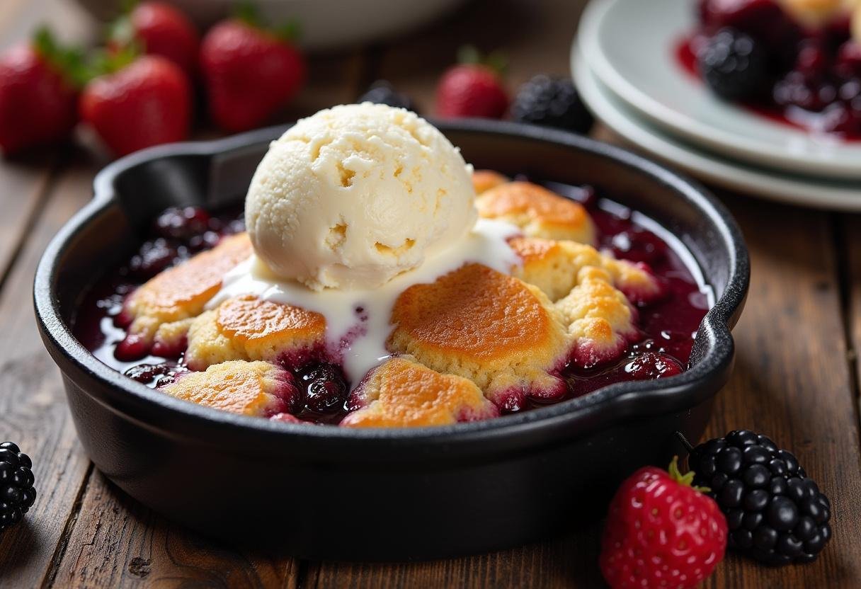 Delicious blackberry cobbler with cake mix served with ice cream, showcasing the final result of the baking process in a beautifully styled kitchen setting.