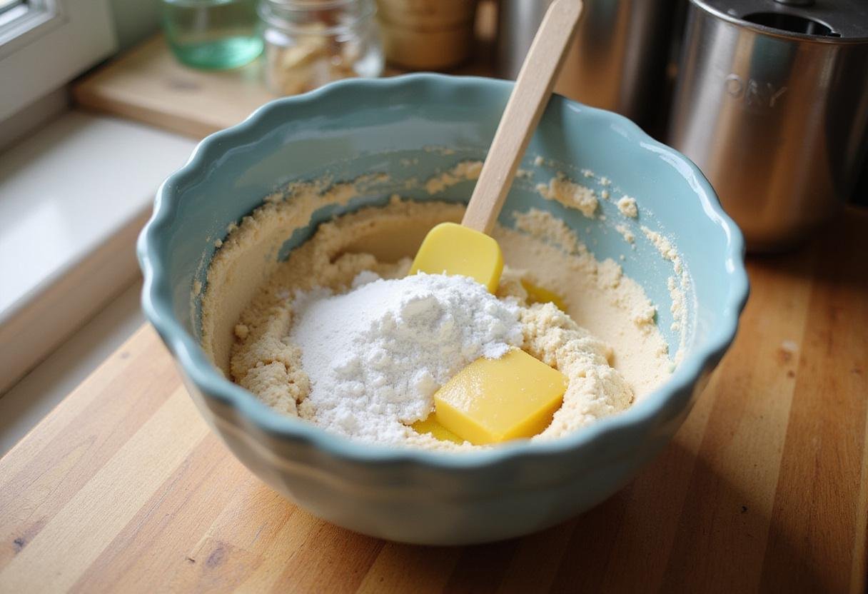 Mixing ingredients for blackberry cobbler with cake mix in a cozy kitchen, showcasing the preparation process and vibrant kitchen setting.