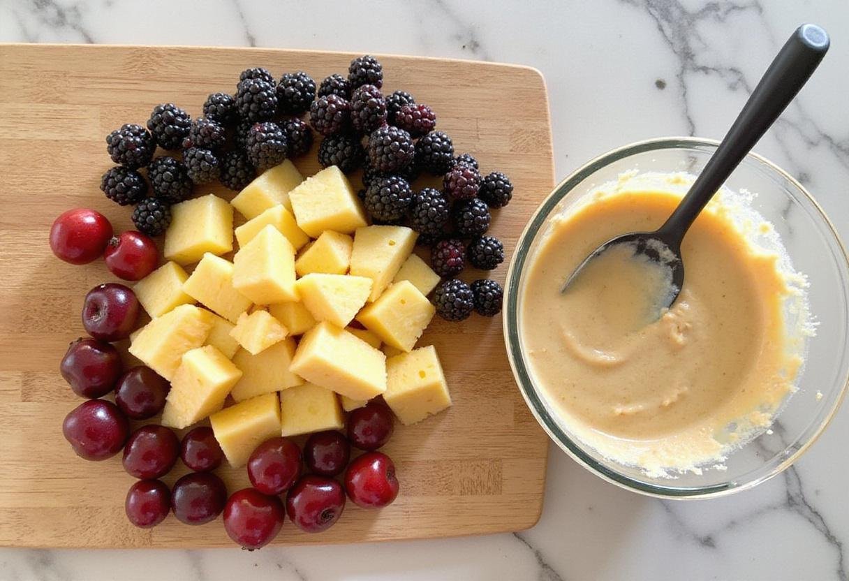 Preparing fresh fruits for cherry cobbler with cake mix, emphasizing the vibrant colors and freshness of the ingredients laid out on a cutting board.