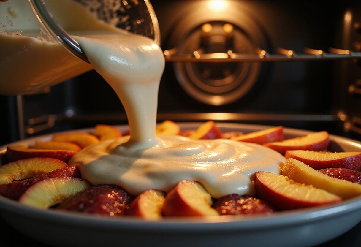 Pouring cake batter over fresh fruits for pineapple upside down cake with yellow cake mix, capturing the homey feel of baking in process.