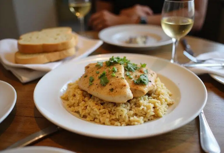 Final display of easy chicken scampi with garlic parmesan rice, alongside garlic bread and wine, perfect for a delicious meal.