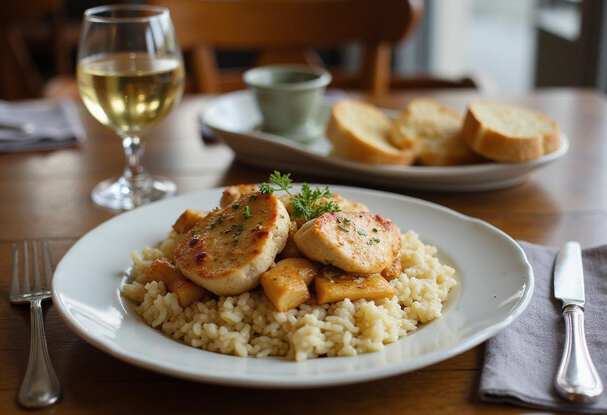Final display of easy chicken scampi with garlic parmesan rice, alongside garlic bread and wine, perfect for a delicious meal.