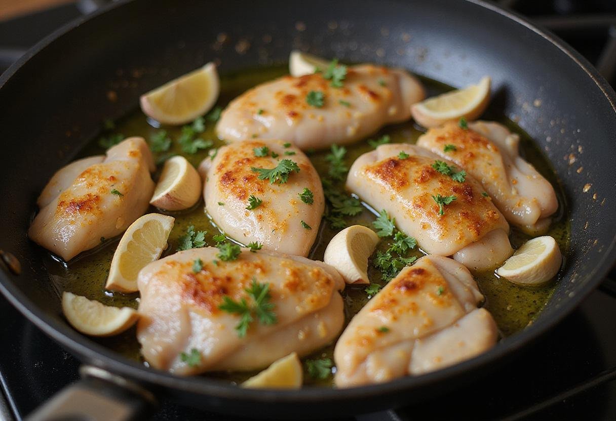 Searing chicken for chicken scampi with garlic parmesan rice, showcasing the delicious start of the dish with garlic and herbs.