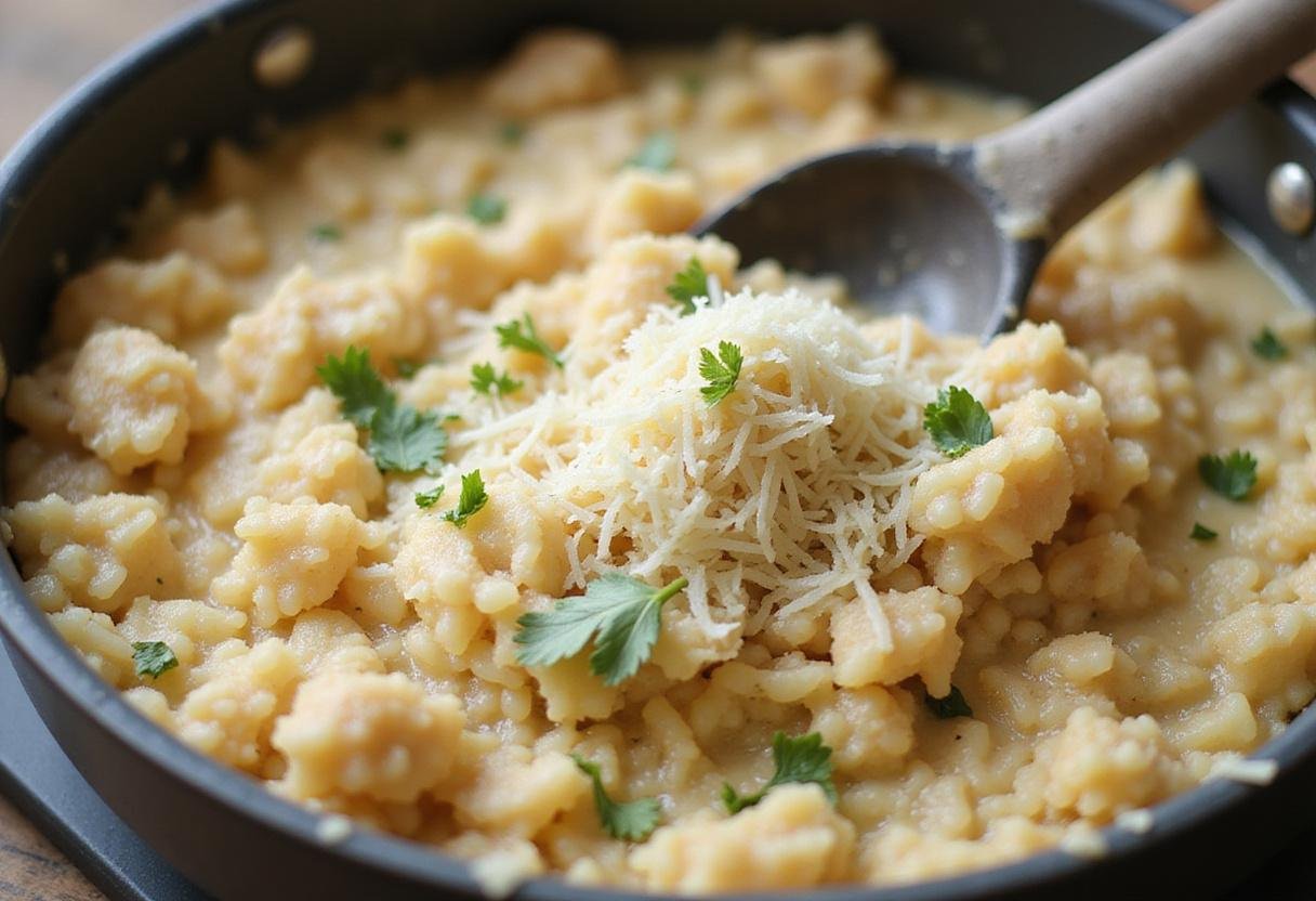 Creamy garlic parmesan rice preparation for chicken scampi, highlighting the blend of flavors and creamy texture with Parmesan.