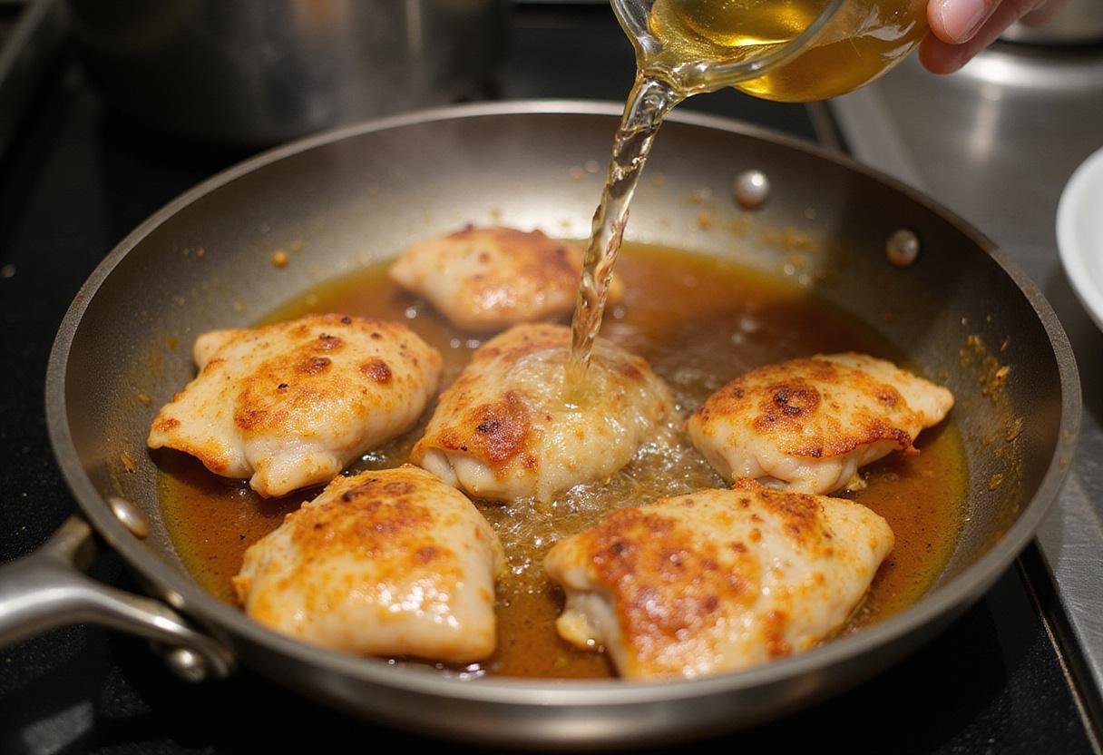 Creating the sauce for chicken scampi, with chicken, white wine, and lemon juice simmering together in a skillet, adding depth of flavor.