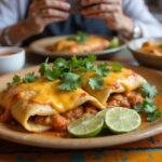 Deliciously baked crock pot chicken enchiladas served with toppings, perfect for a family meal.