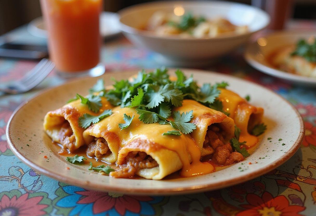 Deliciously baked crock pot chicken enchiladas served with toppings, perfect for a family meal.
