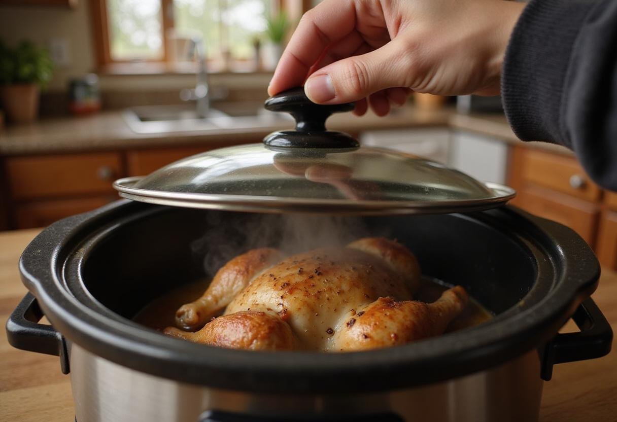Slow cooker preparing chicken for delicious crock pot chicken enchiladas, showcasing the cooking process.