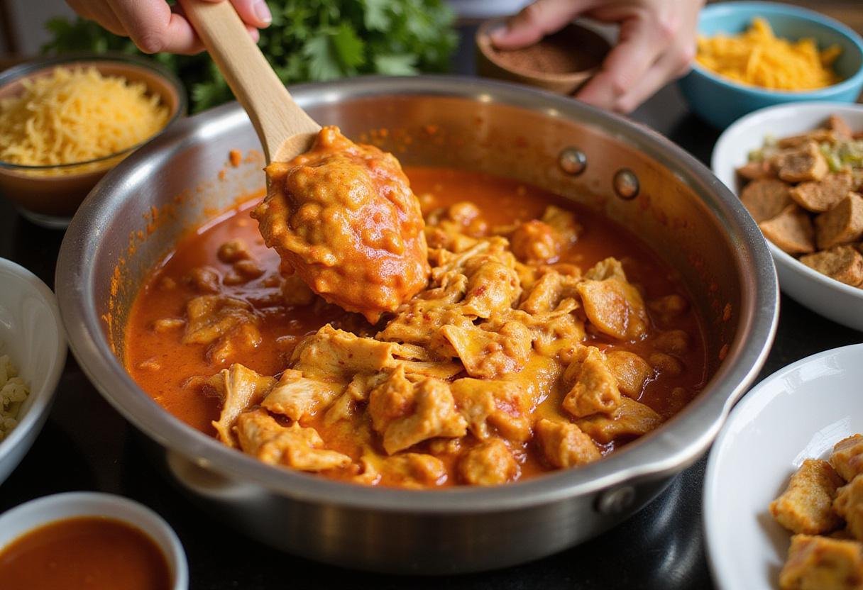 Mixing shredded chicken, enchilada sauce, and cheese for flavorful crock pot chicken enchiladas in a home kitchen.