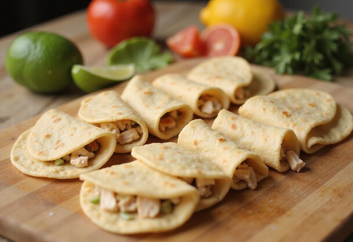 Preparing rolls of crock pot chicken enchiladas with filled tortillas ready for baking, highlighting the cooking procedure.