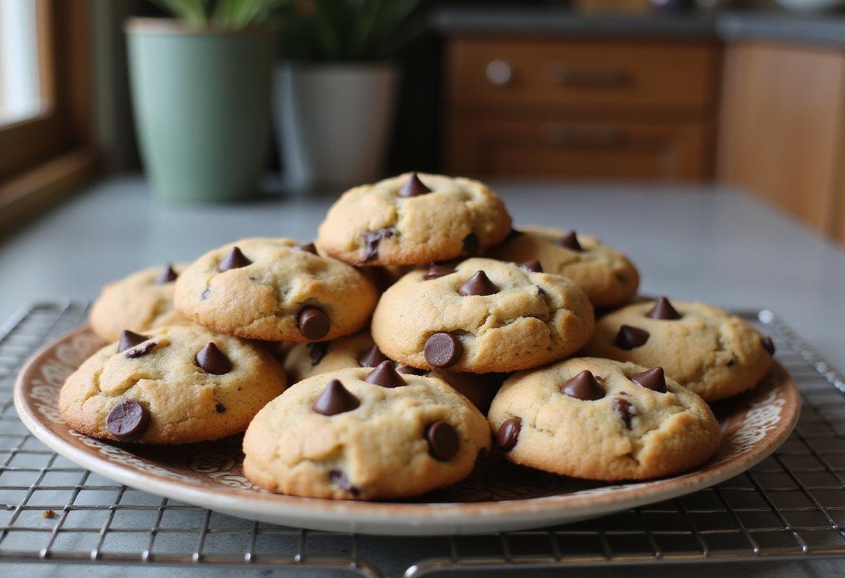 Delicious eggless chocolate chip cookies beautifully presented on a plate, showcasing the perfect homemade dessert.
