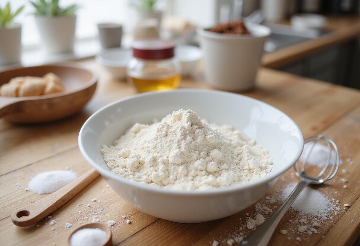 Mixing dry ingredients for eggless chocolate chip cookies recipe including flour, baking soda, and salt.