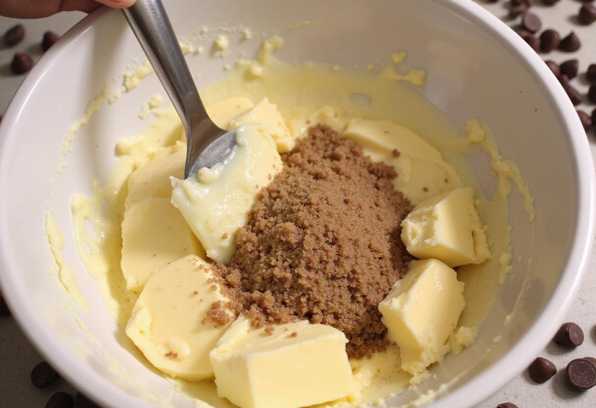 Creaming softened butter and brown sugar for chocolate chip cookie recipe without eggs.