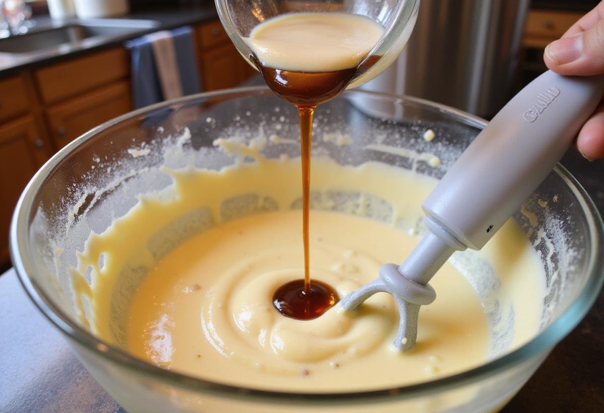 Adding milk and vanilla extract to the butter mixture in an eggless chocolate chip cookies preparation.