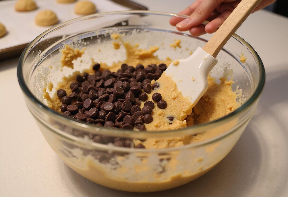 Folding in chocolate chips to cookie dough for making chocolate chip cookies without eggs.