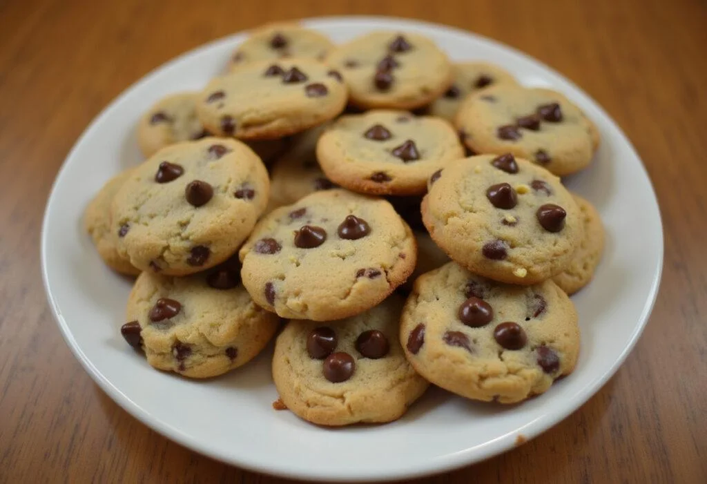 Deliciously baked eggless chocolate chip cookies, showcasing the final result of an eggless chocolate chip cookies recipe with gooey chocolate chips.