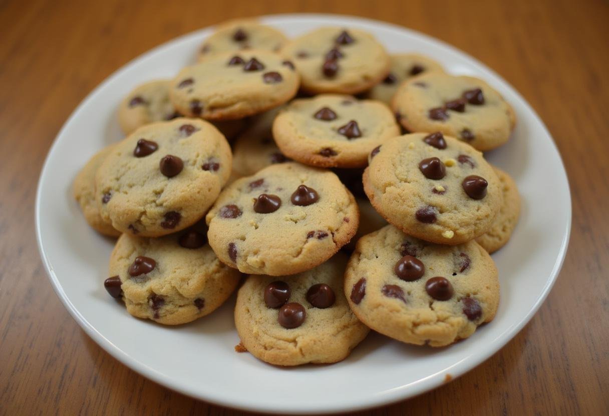 Deliciously baked eggless chocolate chip cookies, showcasing the final result of an eggless chocolate chip cookies recipe with gooey chocolate chips.