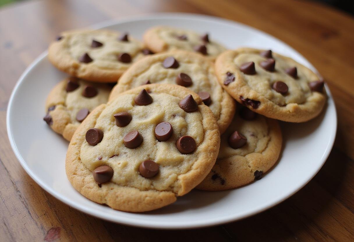 Deliciously baked eggless chocolate chip cookies, showcasing the final result of an eggless chocolate chip cookies recipe with gooey chocolate chips.