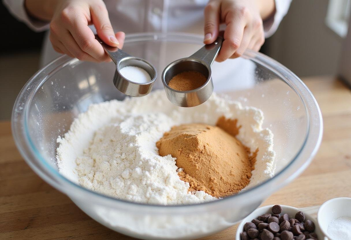 Mixing dry ingredients for eggless chocolate chip cookies including flour and baking soda, perfect for an eggless chocolate chip cookies recipe.