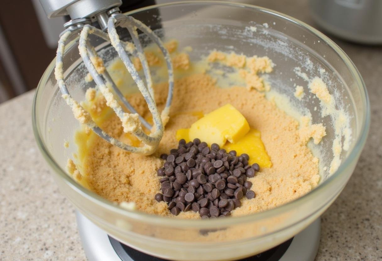 Creaming butter and sugars for chocolate chip cookie recipe without eggs, demonstrating the process of making eggless chocolate chip cookies.