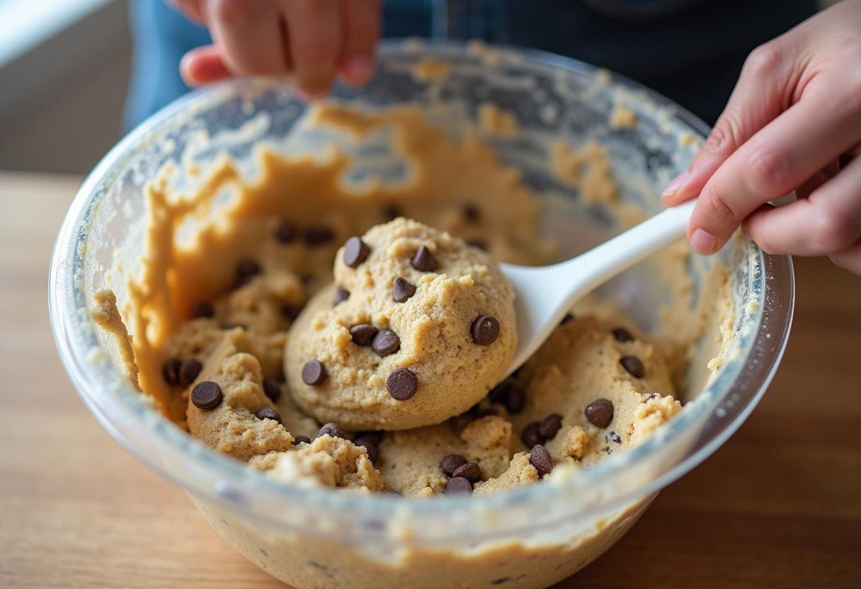 Folding dry ingredients into the dough for chocolate chip cookies without eggs, showcasing the mixing process for eggless chocolate chip cookies.