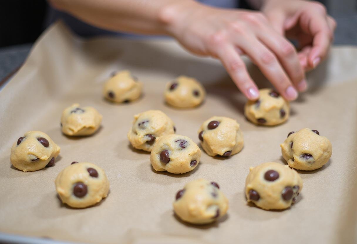 Shaping cookie dough balls for baking eggless chocolate chip cookies, highlighting the preparation for a delicious chocolate chip cookie recipe without eggs.