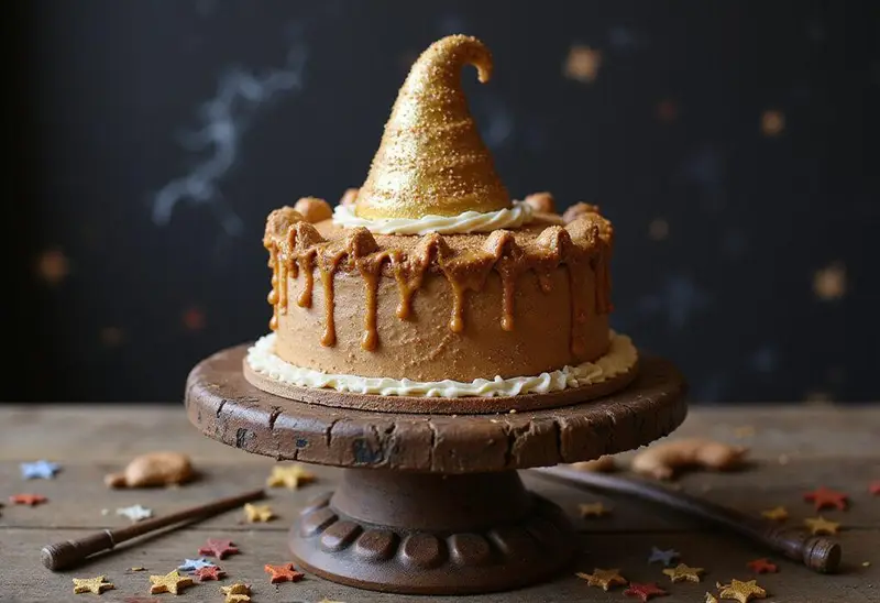 Stunning Enchanted Harry Potter Birthday Cake on a themed stand, showcasing a magical dessert perfect for any celebration.
