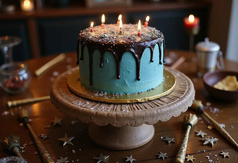 Stunning Enchanted Harry Potter Birthday Cake on a themed stand, showcasing a magical dessert perfect for any celebration.