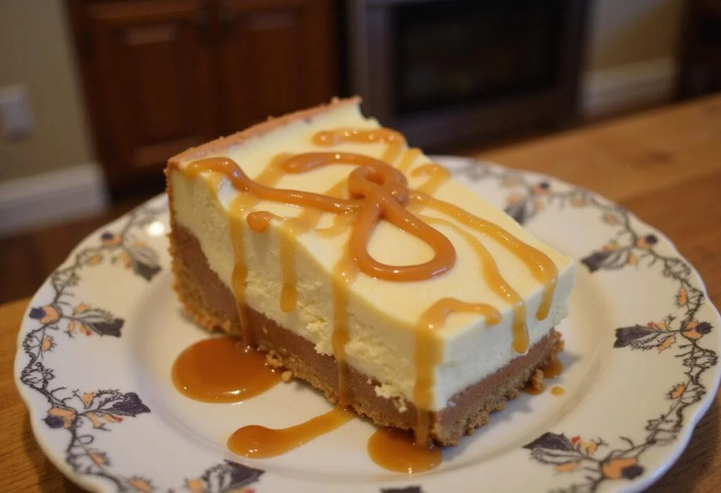 A delicious slice of Enchanted Hufflepuff Butterbeer Cheesecake Bars with Caramel Infusion, elegantly presented with caramel drizzle, perfect for dessert lovers.