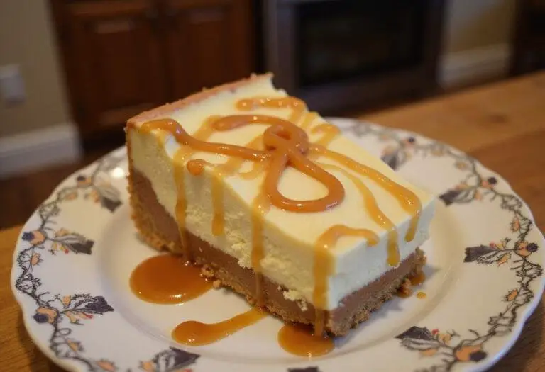 A delicious slice of Enchanted Hufflepuff Butterbeer Cheesecake Bars with Caramel Infusion, elegantly presented with caramel drizzle, perfect for dessert lovers.
