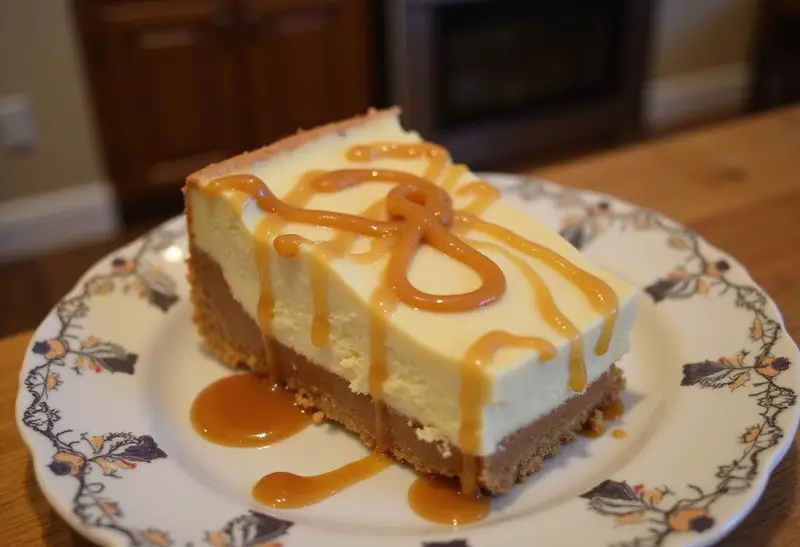 A delicious slice of Enchanted Hufflepuff Butterbeer Cheesecake Bars with Caramel Infusion, elegantly presented with caramel drizzle, perfect for dessert lovers.
