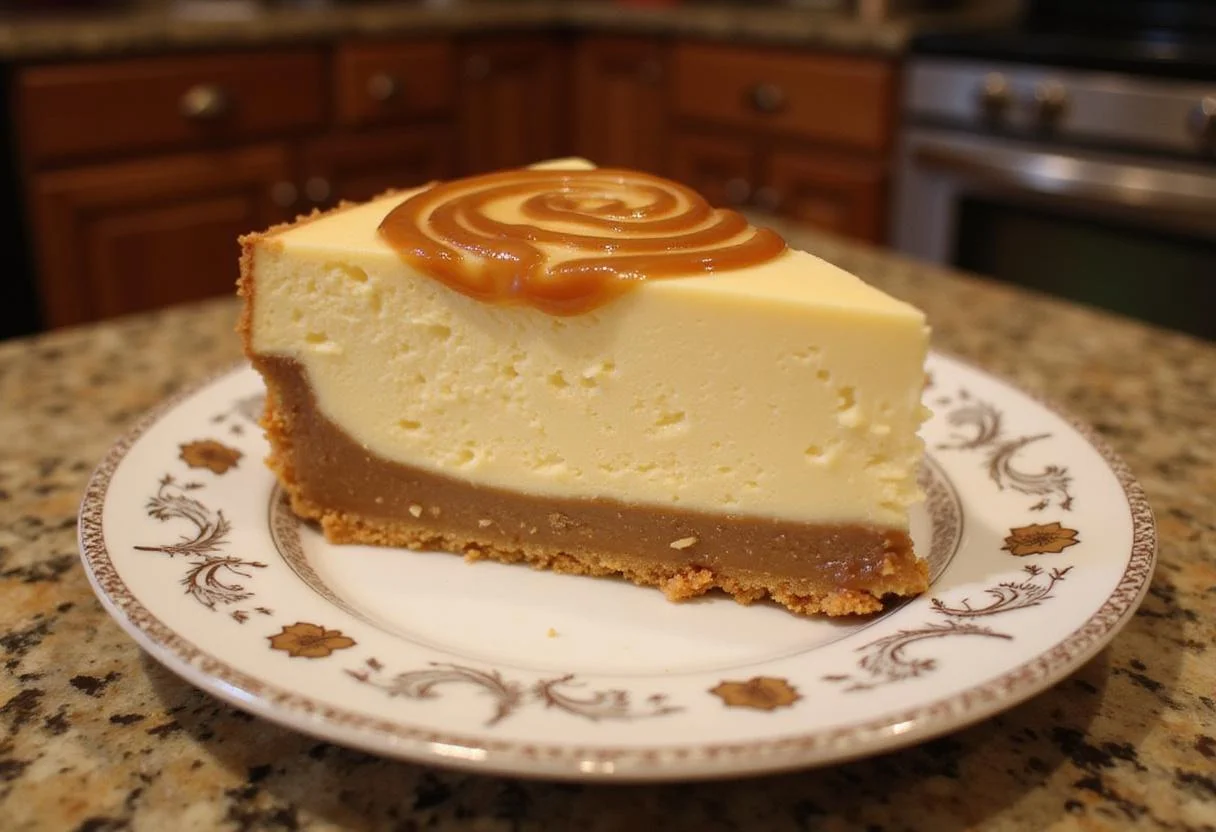 A delicious slice of Enchanted Hufflepuff Butterbeer Cheesecake Bars with Caramel Infusion, elegantly presented with caramel drizzle, perfect for dessert lovers.