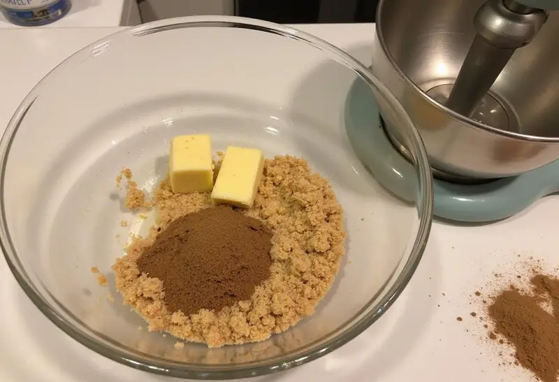 Homemade Enchanted Hufflepuff Butterbeer Cheesecake Bars crust preparation with graham crackers and caramel flavors, blending ingredients together.