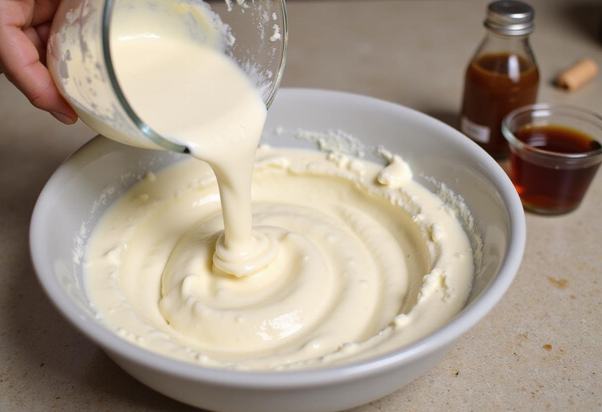 Creating the cheesecake filling for Enchanted Hufflepuff Butterbeer Cheesecake Bars, blending cheese and caramel flavors to achieve smoothness and flavor depth.