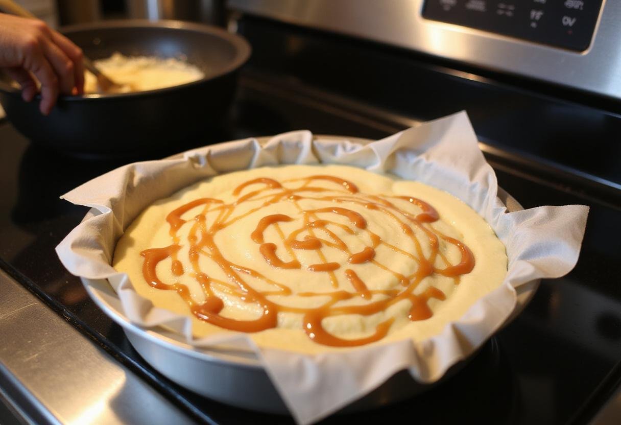 Assembling the Enchanted Hufflepuff Butterbeer Cheesecake Bars by pouring the creamy mixture into a baking tray, ready for the oven.