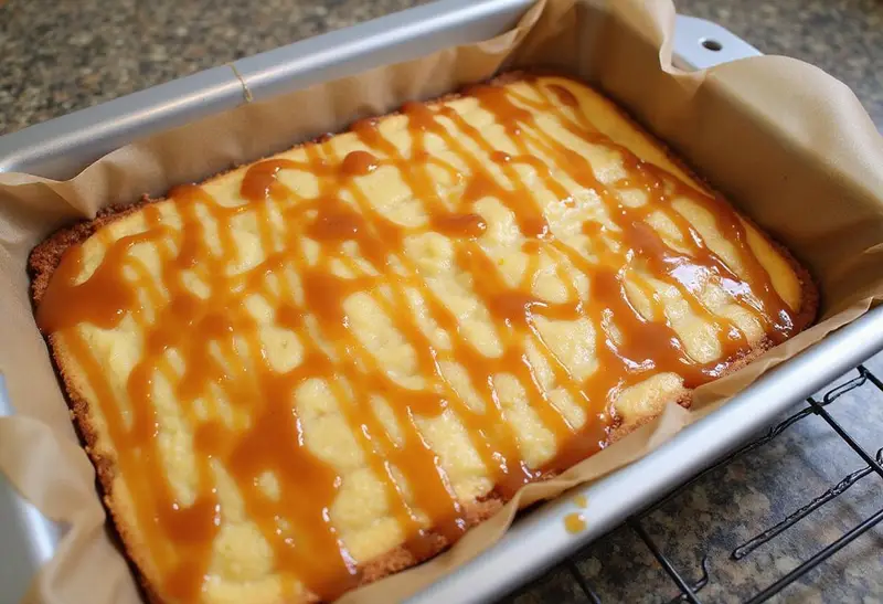 Removing warm Enchanted Hufflepuff Butterbeer Cheesecake Bars with caramel infusion from the baking dish, showcasing the gooey, caramel-topped dessert.