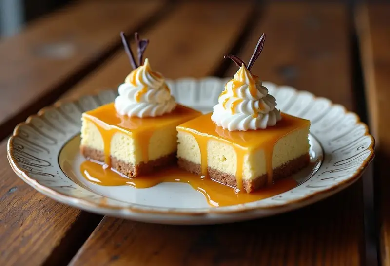 Final presentation of Enchanted Hufflepuff Butterbeer Cheesecake Bars with Vanilla Infusion, beautifully garnished and plated.