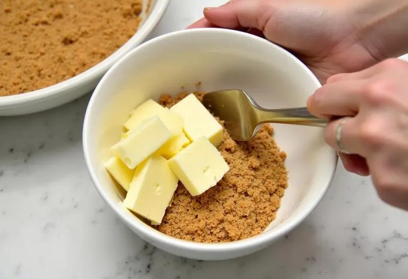 Preparing the crust for Enchanted Hufflepuff Butterbeer Cheesecake Bars with Vanilla Infusion by mixing butter and graham cracker crumbs.
