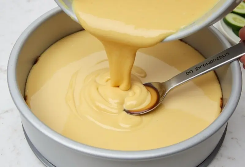 Pouring the cheesecake batter for Enchanted Hufflepuff Butterbeer Cheesecake Bars with Vanilla Infusion into the baking dish.