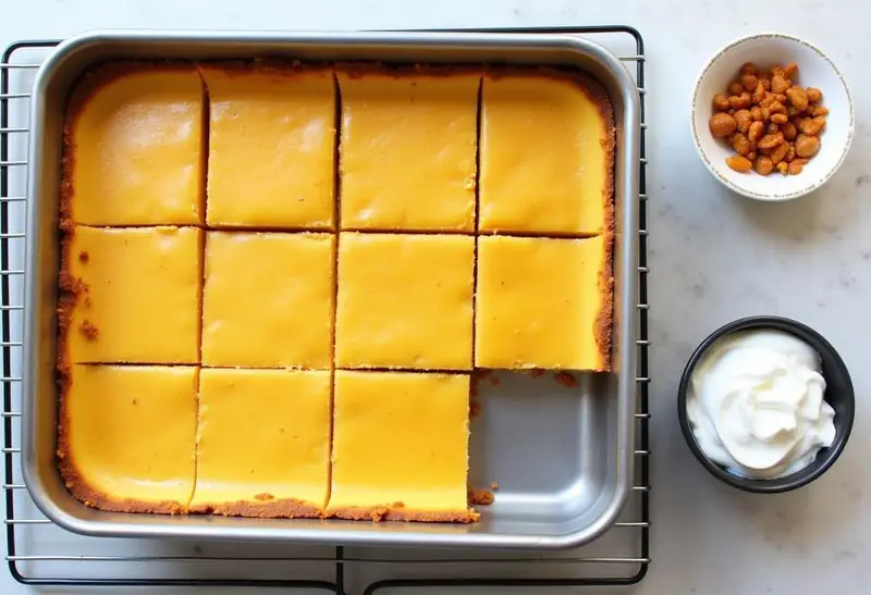 Cooling the Enchanted Hufflepuff Butterbeer Cheesecake Bars with Vanilla Infusion on a wire rack with toppings ready.