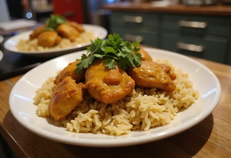 Delicious air fryer curry chicken thighs served on a plate with rice, showcasing an appetizing and colorful meal presentation.