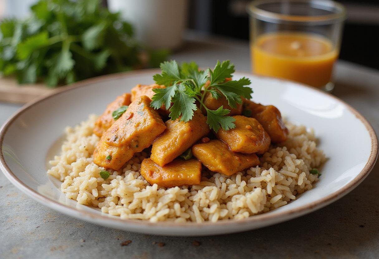 Delicious air fryer curry chicken thighs served on a plate with rice, showcasing an appetizing and colorful meal presentation.