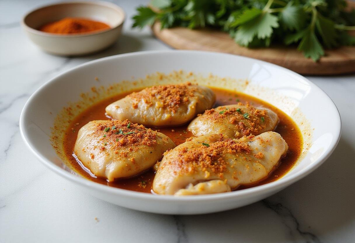 Marinated air fryer curry chicken thighs in a bowl, showcasing spices and herbs for a flavorful dish.